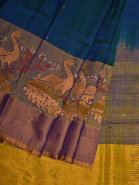 Teal Uppada Silk Handloom Saree with One Side Peacocks Design u1926