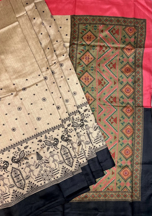 Tribal Thread Embroidery Work with Ganga Jamuna Border and Digital Printed Pallu Design pr0071ap