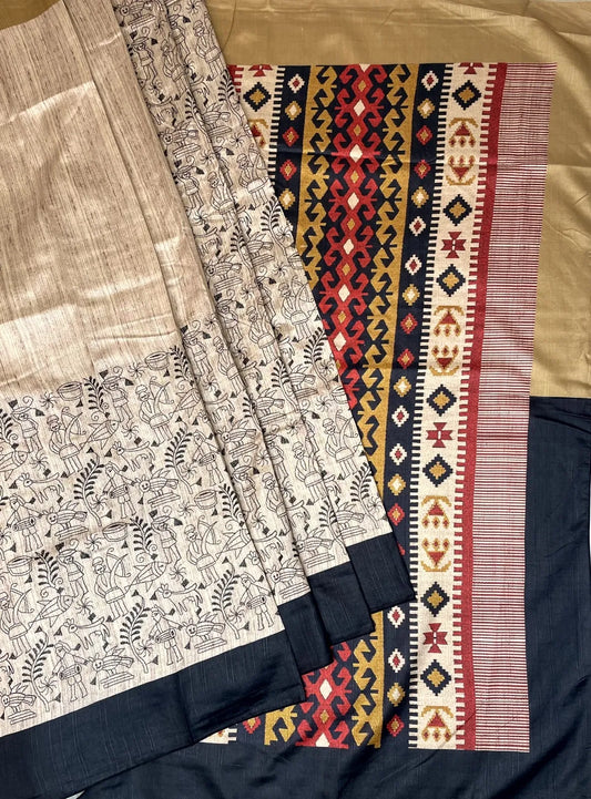 Tribal Thread Embroidery Work with Ganga Jamuna Border and Digital Printed Pallu Design pr0072ap