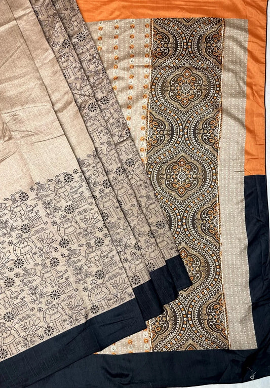 Tribal Thread Embroidery Work with Ganga Jamuna Border and Digital Printed Pallu Design pr0075ap