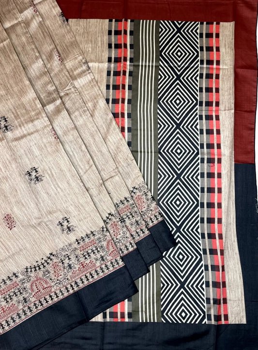 Tribal Thread Embroidery Work with Ganga Jamuna Border and Digital Printed Pallu Design pr0076ap