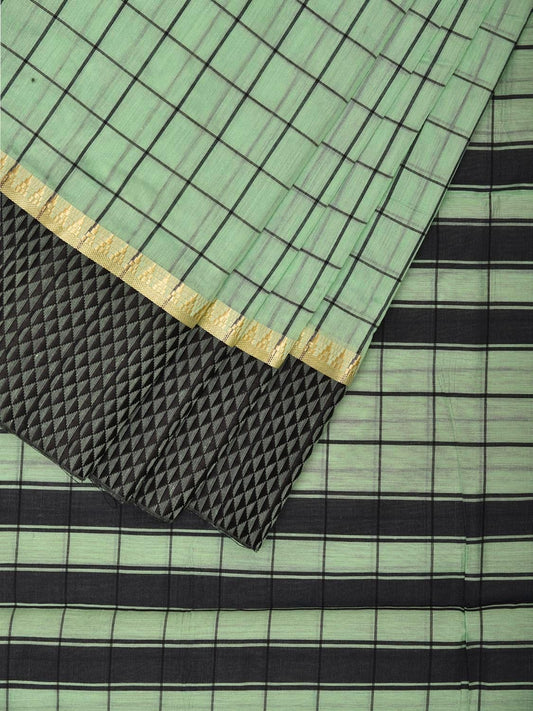 Turquoise and Black Bamboo Cotton Saree with Big Checks Design No Blouse bc0621