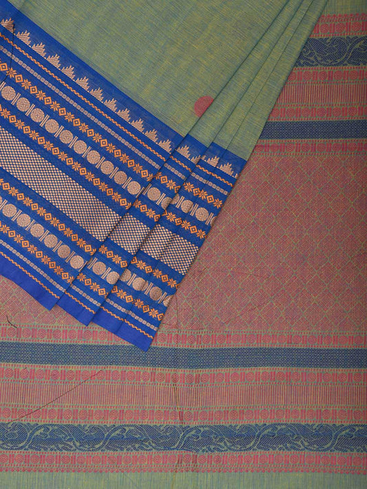 Turquoise and Blue Kanchipuram Cotton Saree with Body Buta Pallu and Big Border Design k0760
