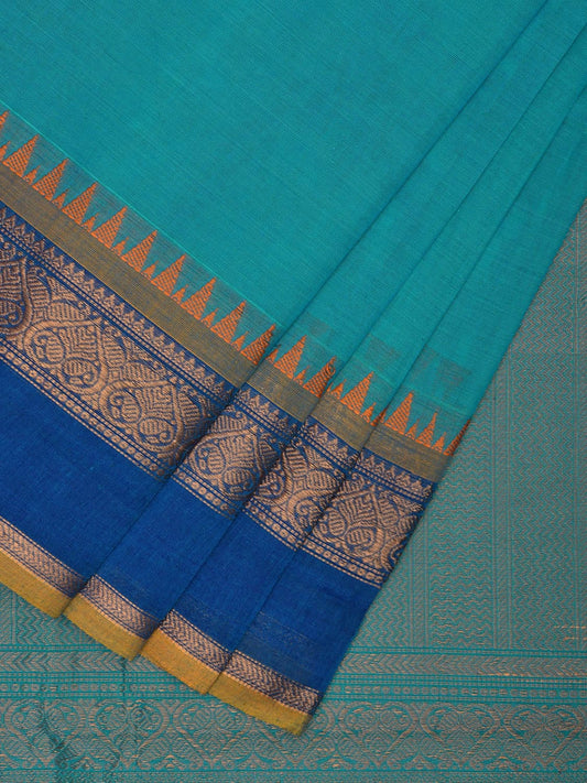 Turquoise and Blue Kanchipuram Cotton Saree with Pallu and Border Design k0737