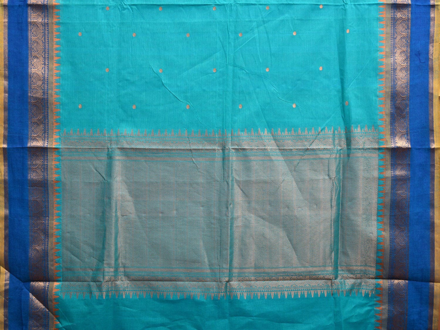 Turquoise and Blue Kanchipuram Cotton Saree with Pallu and Border Design k0737
