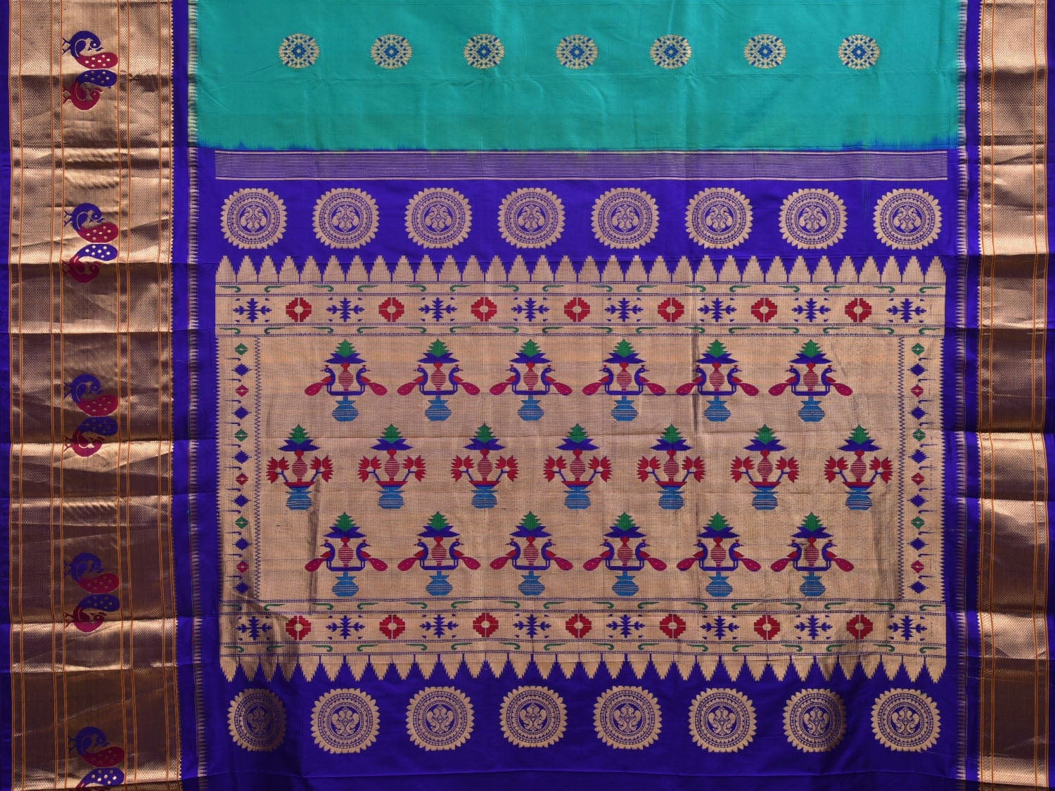 Turquoise and Blue Paithani Silk Handloom Saree with Pallu and Border Design p0412
