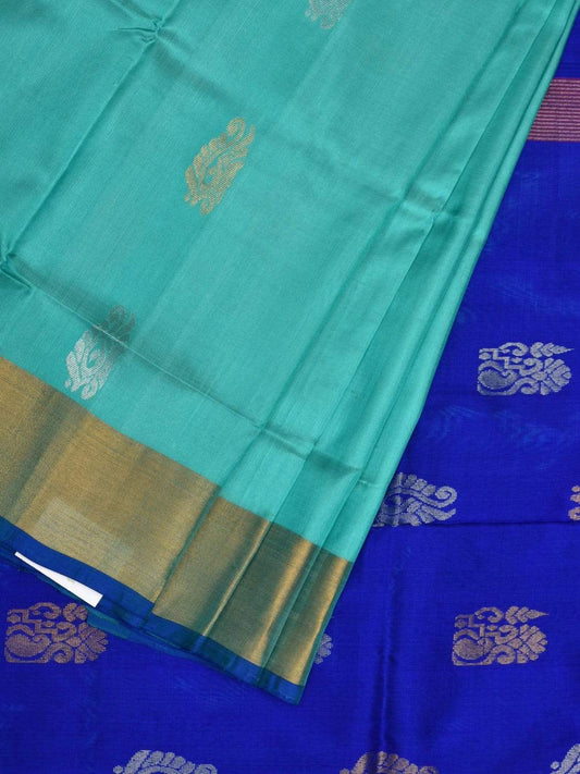 Turquoise and Blue Uppada Silk Handloom Saree with Buta and Contrast Pallu Design u1812
