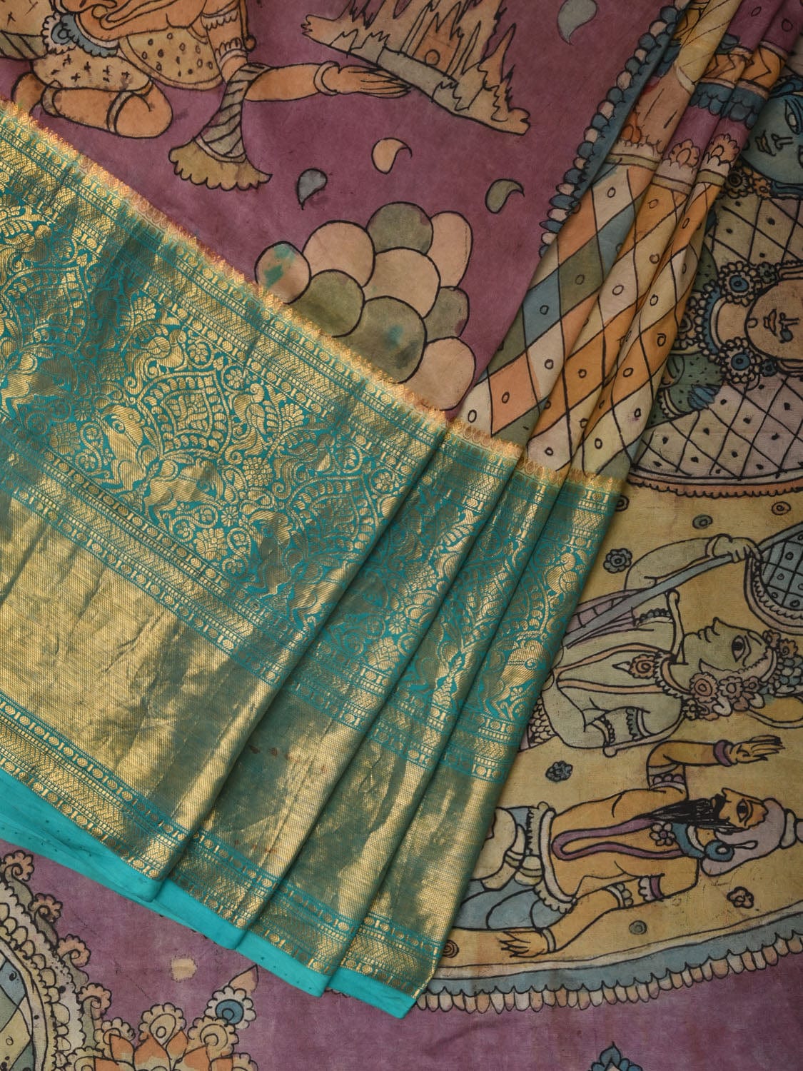 Turquoise and Burgundy Kalamkari Hand Painted Kanchipuram Silk Handloom Saree with Ramayan Theme Design KL0755
