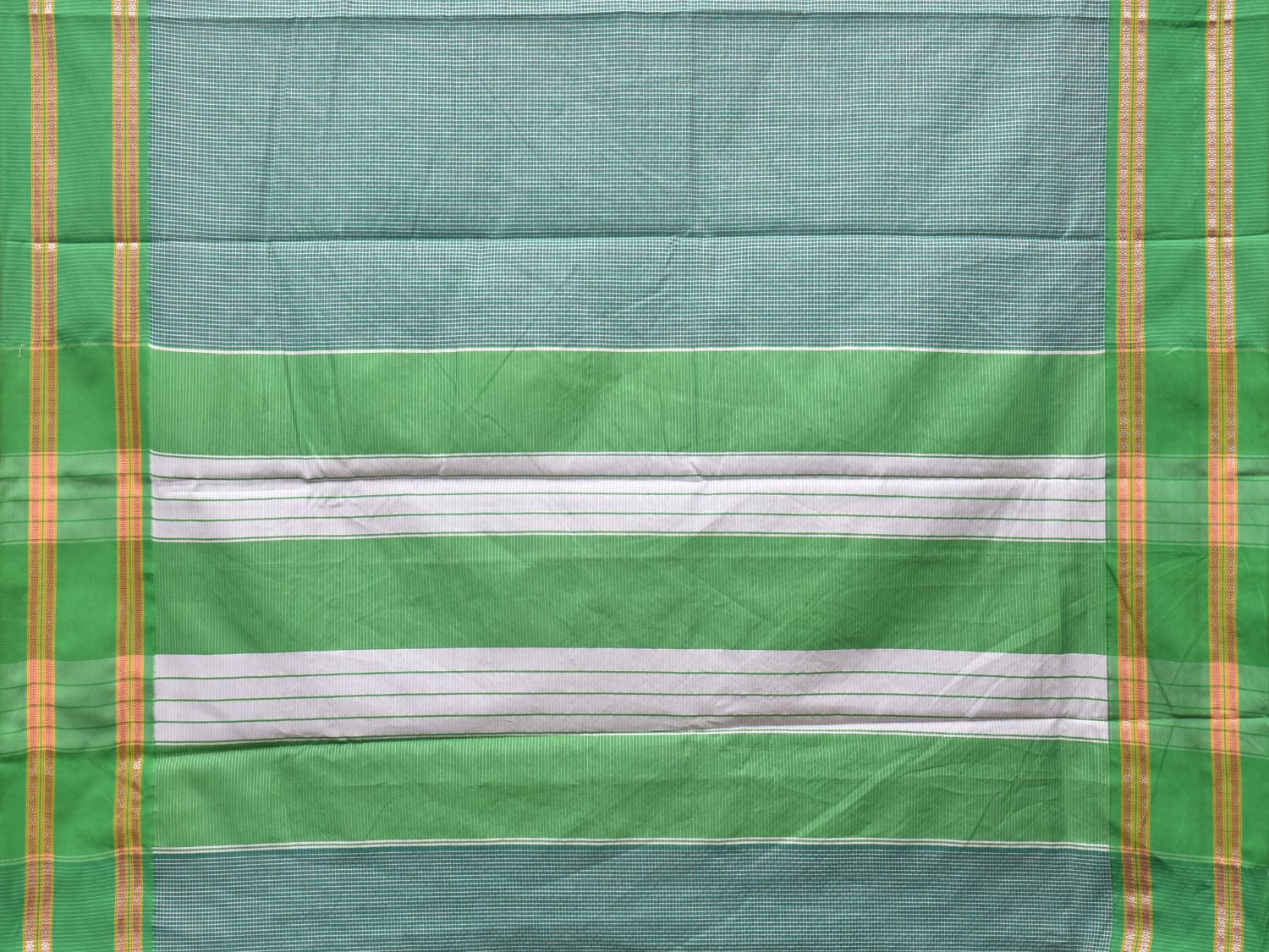 Turquoise and Green Bamboo Cotton Saree with Small Checks Design No Blouse bc0243
