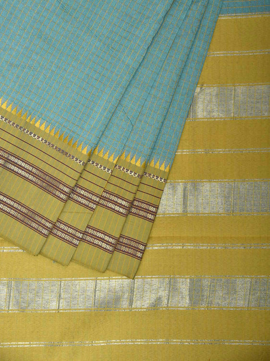 Turquoise and Green Bamboo Cotton Viscose Silk Saree with Checks Design No Blouse bc0833