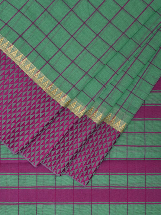 Turquoise and Magenta Bamboo Cotton Saree with Big Checks Design No Blouse bc0342