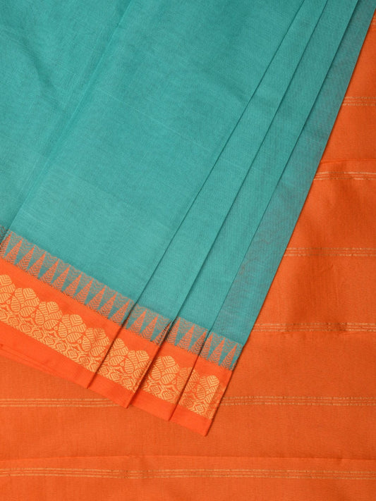 Turquoise and Orange Gadwal Cotton Handloom Saree with Strips Pallu Design No Blouse g0362
