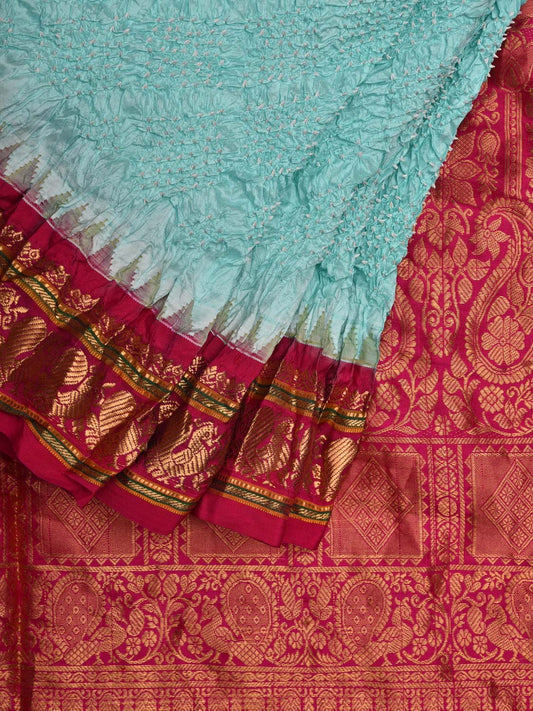 Turquoise and Pink Bandhani Gadwal Silk Handloom Saree with Pallu and Border Design bn0344