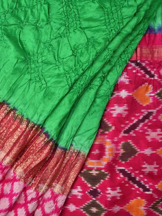 Turquoise and Pink Bandhani Ikat Silk Handloom Saree with Border Design bn0186