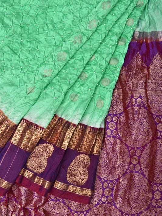Turquoise and Purple Bandhani Kanchipuram Silk Handloom Saree with One Side Border Design bn0183