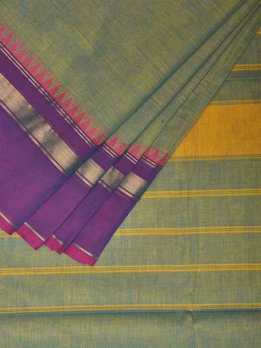 Turquoise and Purple Kanchipuram Cotton Plain Saree with Strips Pallu and Small Temple Border Design k0763
