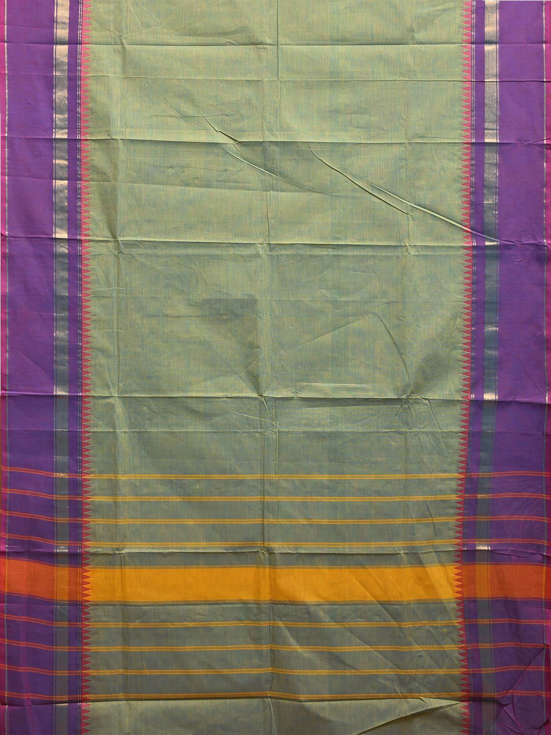 Turquoise and Purple Kanchipuram Cotton Plain Saree with Strips Pallu and Small Temple Border Design k0763