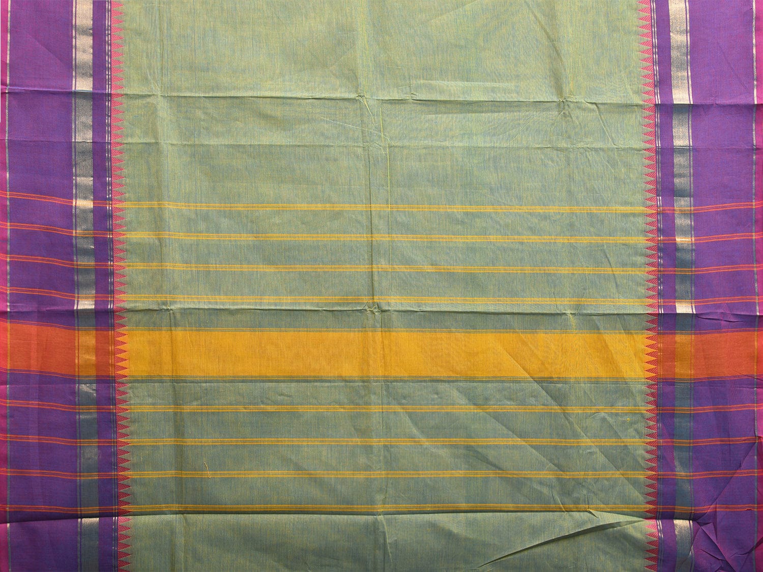 Turquoise and Purple Kanchipuram Cotton Plain Saree with Strips Pallu and Small Temple Border Design k0763