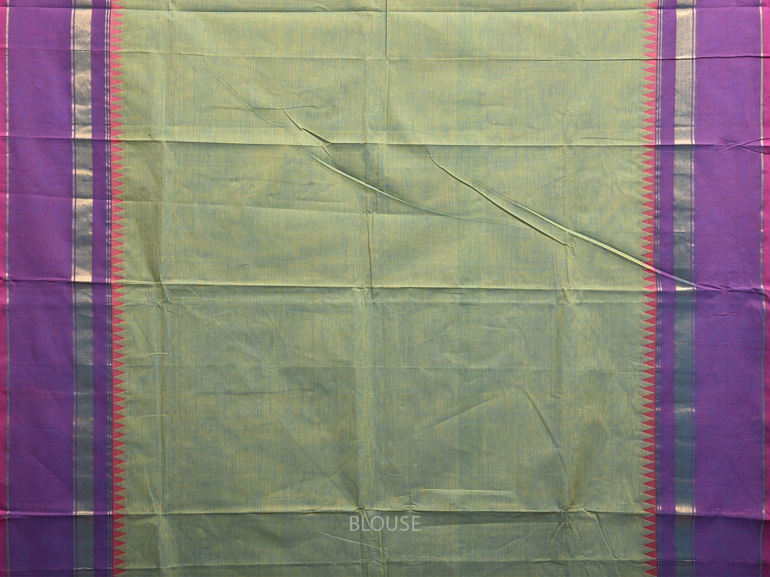 Turquoise and Purple Kanchipuram Cotton Plain Saree with Strips Pallu and Small Temple Border Design k0763