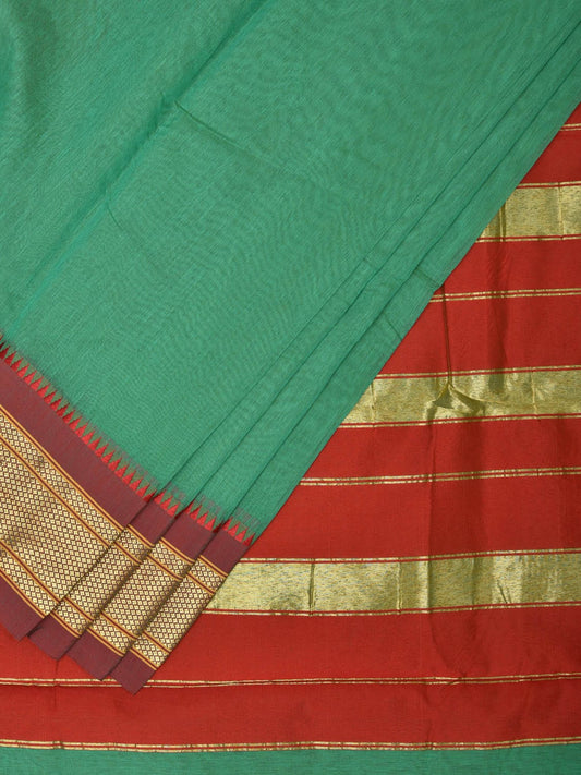 Turquoise and Red Bamboo Cotton Plain Saree with Zari Border Design bc0094