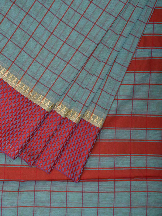 Turquoise and Red Bamboo Cotton Saree with Checks Design No Blouse bc0677