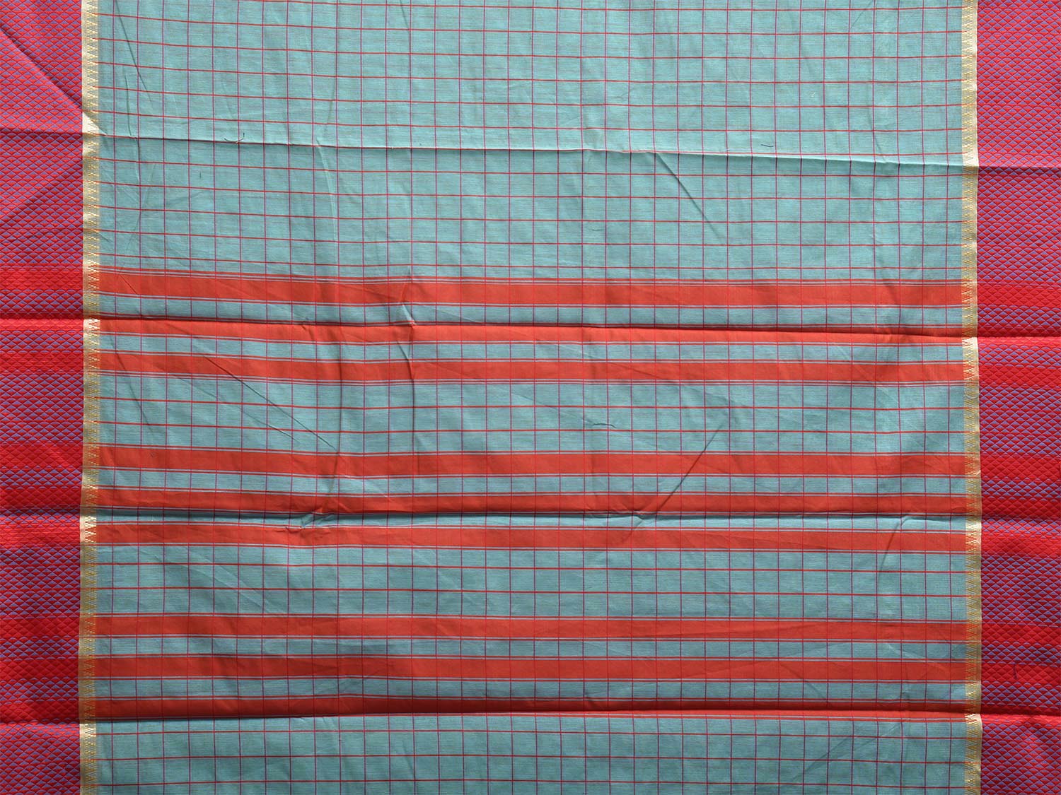 Turquoise and Red Bamboo Cotton Saree with Checks Design No Blouse bc0677