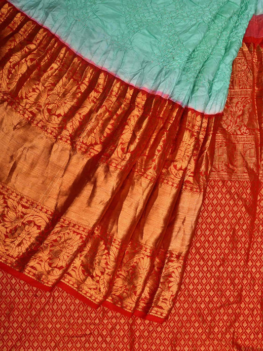 Turquoise and Red Bandhani Kanchipuram Silk Handloom Saree with Border and Pallu Design bn0407