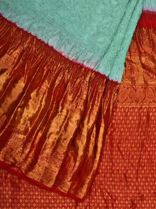 Turquoise and Red Bandhani Kanchipuram Silk Handloom Saree with Border Design bn0397