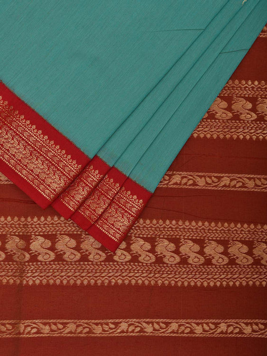 Turquoise and Red Gadwal Cotton Viscose Saree with Border and Pallu Design g0457