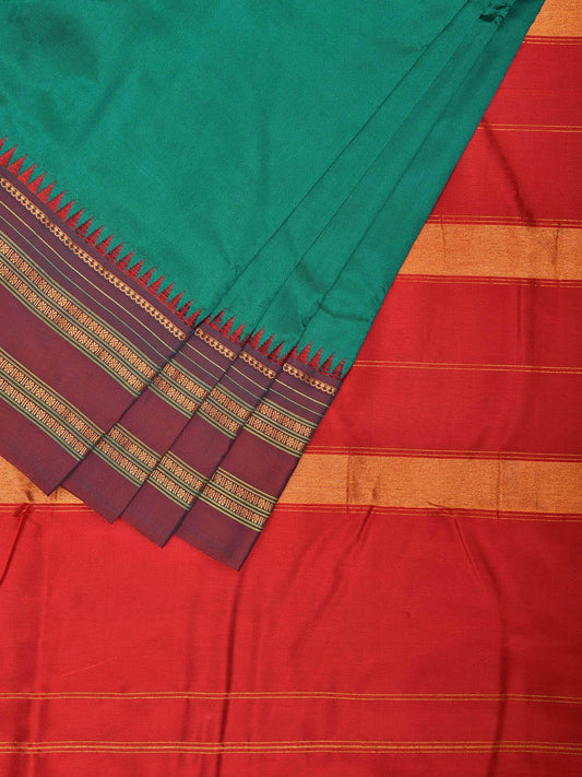 Turquoise and Red Narayanpet Silk Handloom Plain Saree with Contrast Pallu Design No Blouse np1061