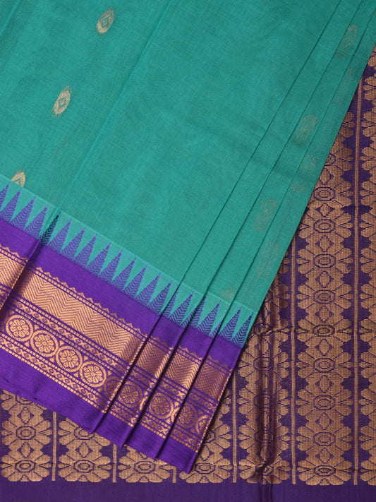 Turquoise and Violet Gadwal Cotton Plain Saree with Body Buta and Pallu Design No Blouse g0361