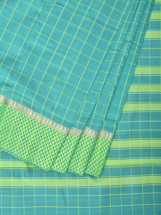 Turquoise Bamboo Cotton Saree with Big Checks Design bc0139
