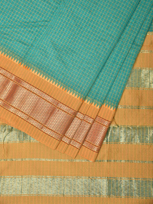 Turquoise Bamboo Cotton Saree with Checks Design bc0134