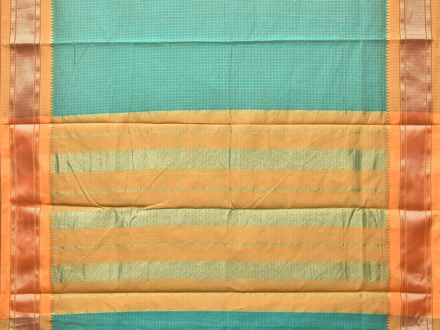Turquoise Bamboo Cotton Saree with Checks Design bc0134