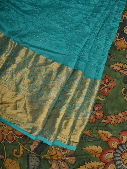Turquoise Bandhani Kanchipuram Silk Handloom Saree with Kalamkari Pallu and Blouse Design bn0416