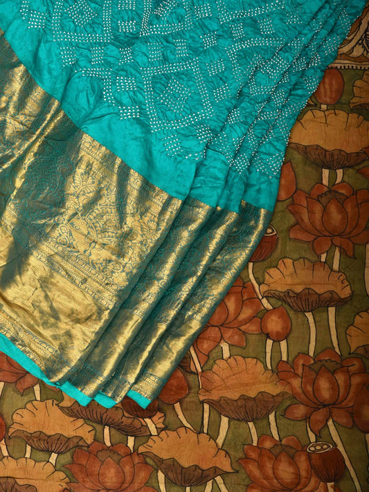 Turquoise Bandhani Kanchipuram Silk Handloom Saree with Kalamkari Pallu and Blouse Design bn0468