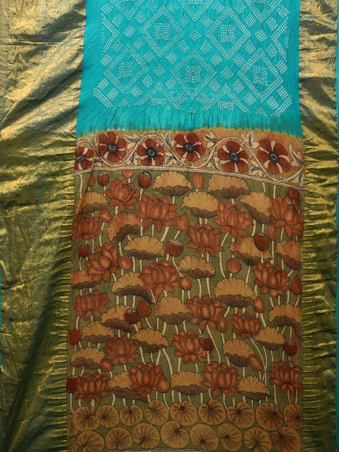Turquoise Bandhani Kanchipuram Silk Handloom Saree with Kalamkari Pallu and Blouse Design bn0468
