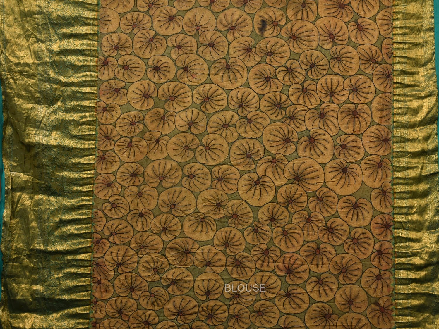 Turquoise Bandhani Kanchipuram Silk Handloom Saree with Kalamkari Pallu and Blouse Design bn0468