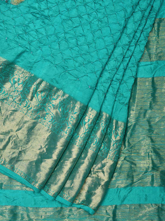 Turquoise Bandhani Kanchipuram Silk Handloom Saree with Mango Buta Design bn0256