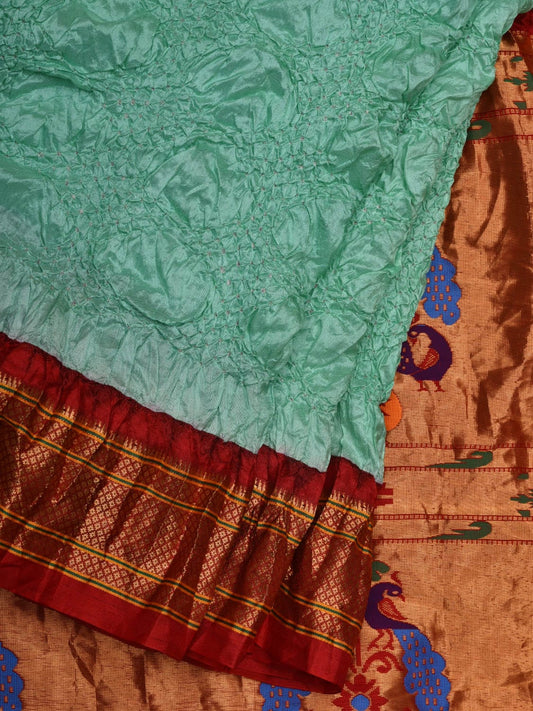 Turquoise Bandhani Paithani Silk Handloom Saree with Pallu Design bn0356