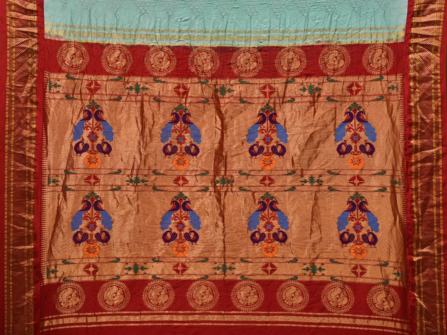Turquoise Bandhani Paithani Silk Handloom Saree with Pallu Design bn0356