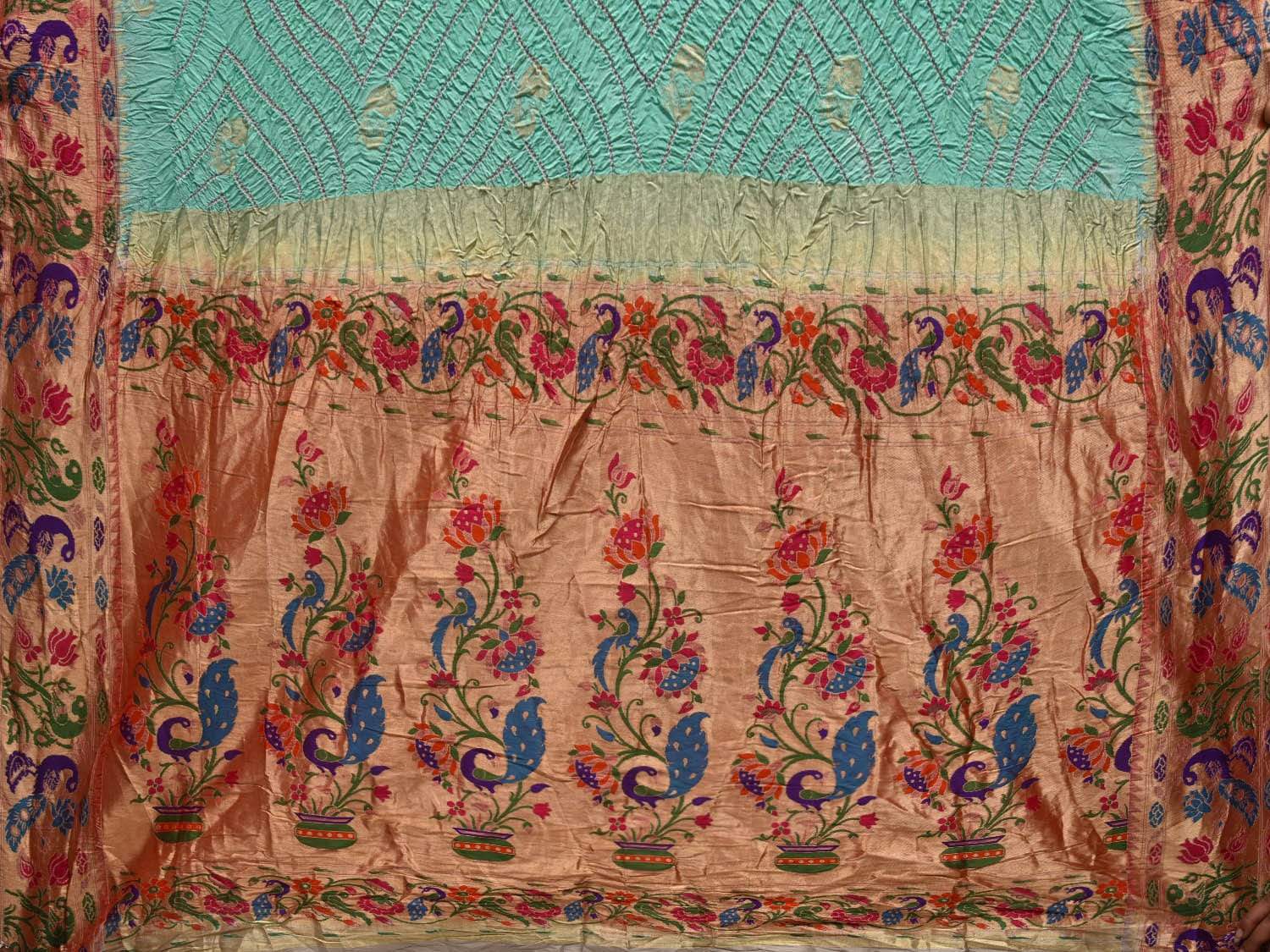 Turquoise Bandhani Paithani Silk Handloom Saree with Peacock and Parrot Border Design bn0312