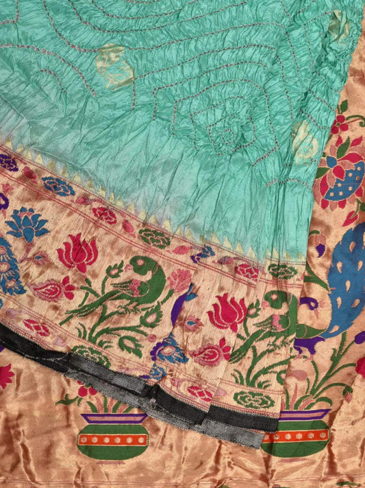 Turquoise Bandhani Paithani Silk Handloom Saree with Peacock and Parrot Border Design bn0312