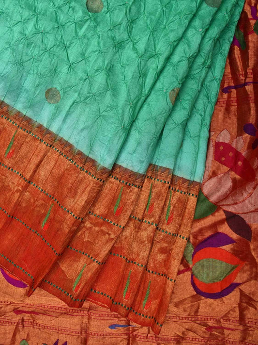 Turquoise Bandhani Paithani Silk Handloom Saree with Triple Muniya Border Design bn0223