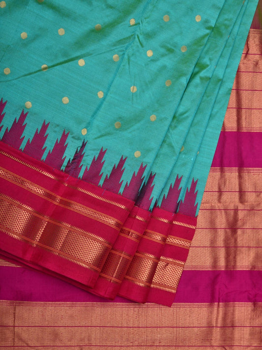 Turquoise Gadwal Silk Handloom Saree with Temple Border Design g0285