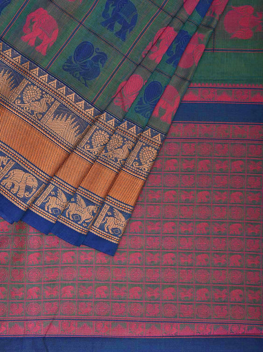 Turquoise Kanchipuram Cotton Saree with Checks Buta and Pallu Design k0788