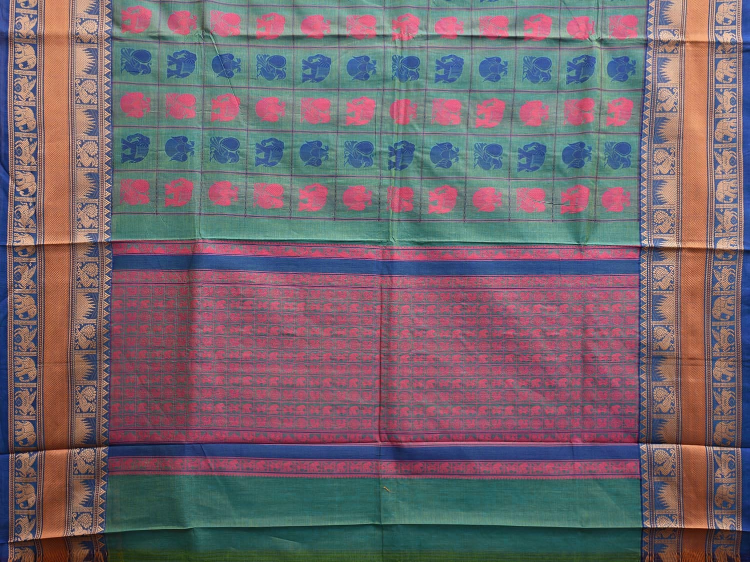 Turquoise Kanchipuram Cotton Saree with Checks Buta and Pallu Design k0788
