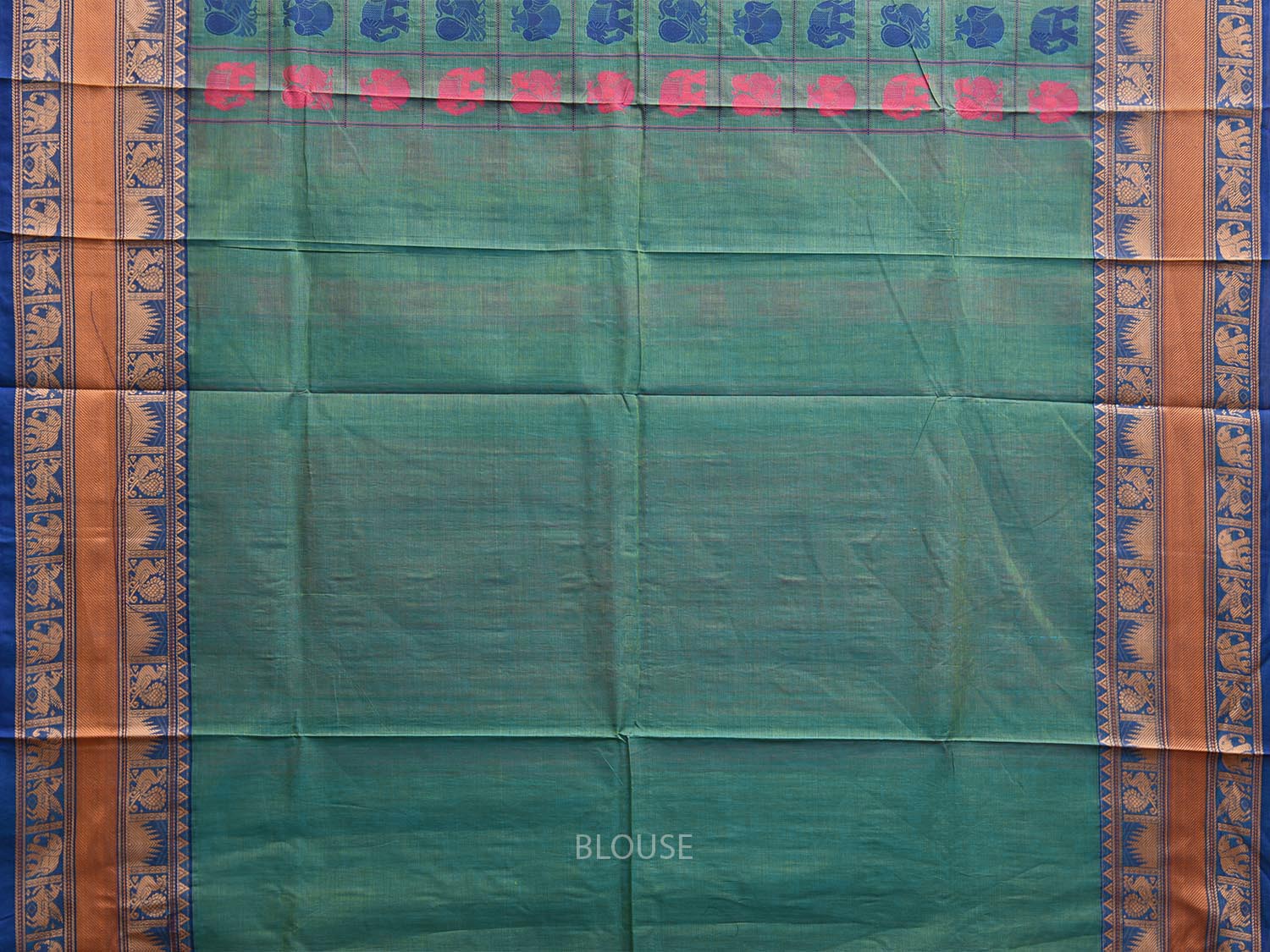 Turquoise Kanchipuram Cotton Saree with Checks Buta and Pallu Design k0788