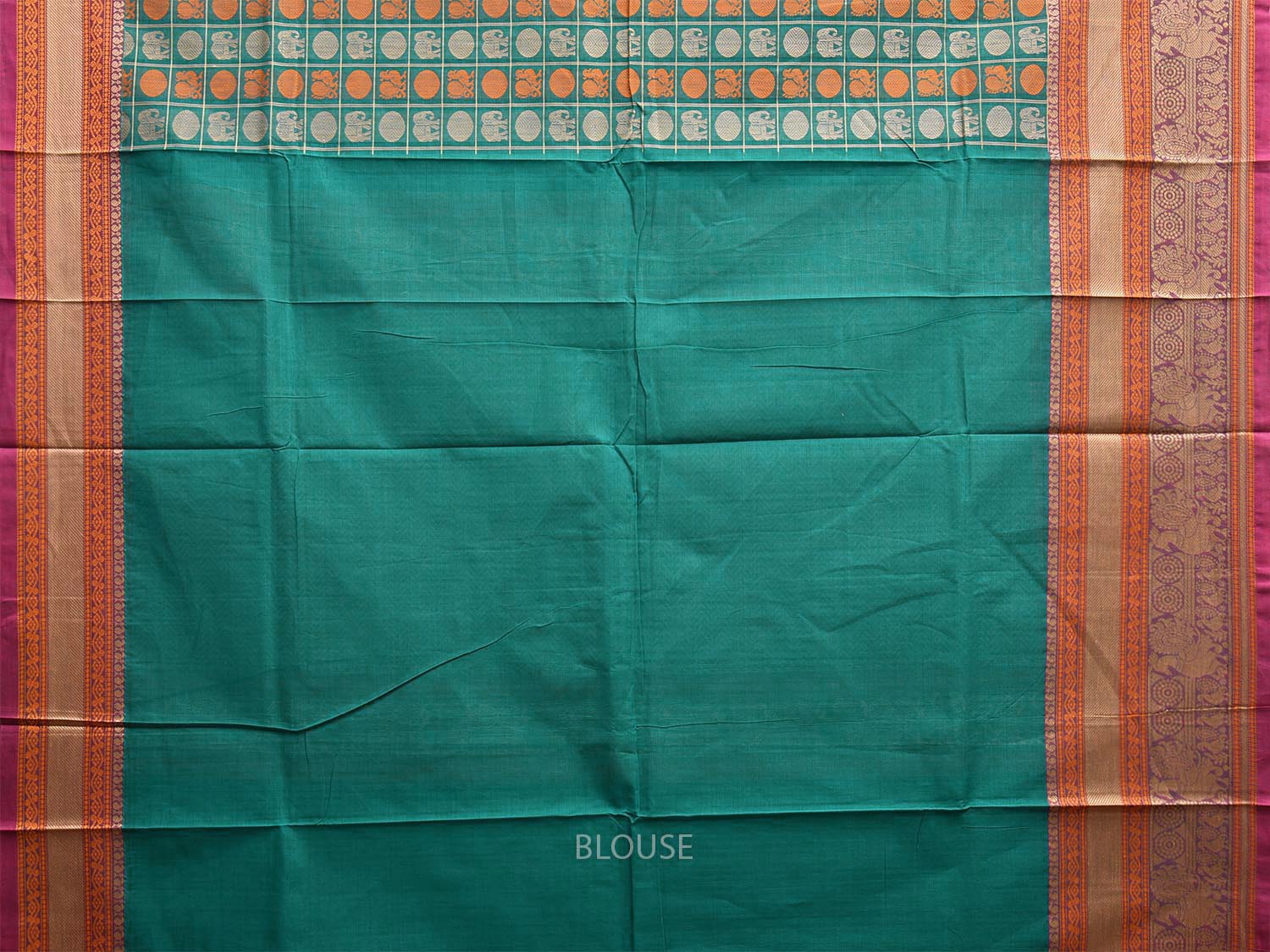 Turquoise Kanchipuram Cotton Saree with Checks Buta and Pallu Design k0791
