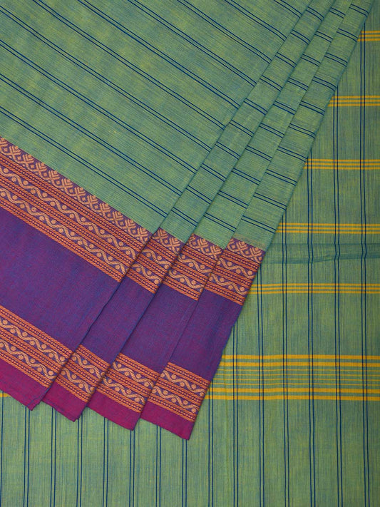 Turquoise Kanchipuram Cotton Saree with Strips and Ganga-Jamuna Border Design k0784